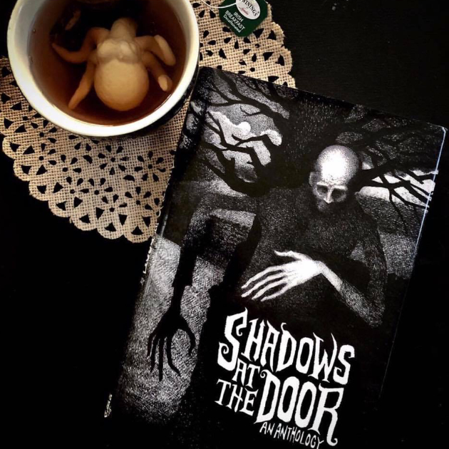 shadows at the door book on table with cup of tea